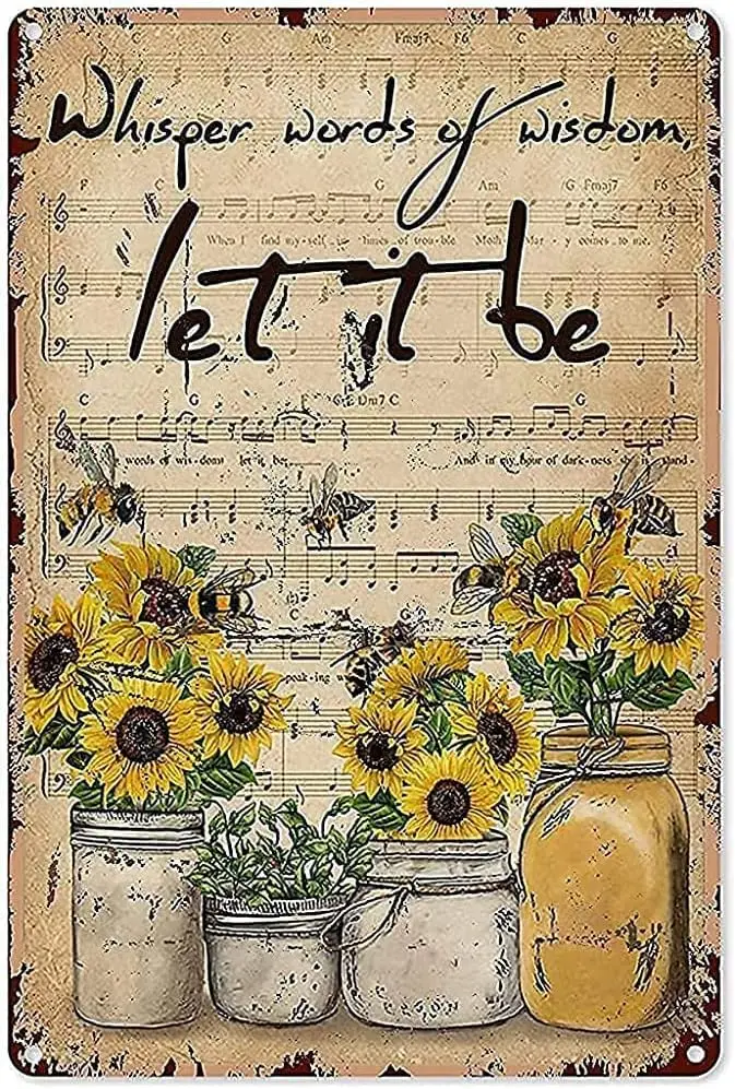 Vintage Tin Metal Sign Bee Whisper Words of Let It Be Sunflower Bee Ation Chic Poster Retro Wall Art Decor Iron Painting-aluminu