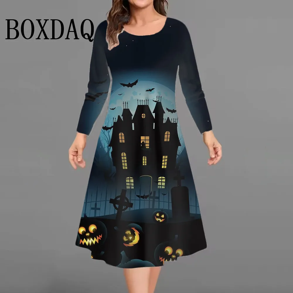 Halloween Party Dresses For Women Funny 3D Pumpkin Print Dress Autumn Winter Fashion Long Sleeve A-Line Dress Plus Size 2025 9XL