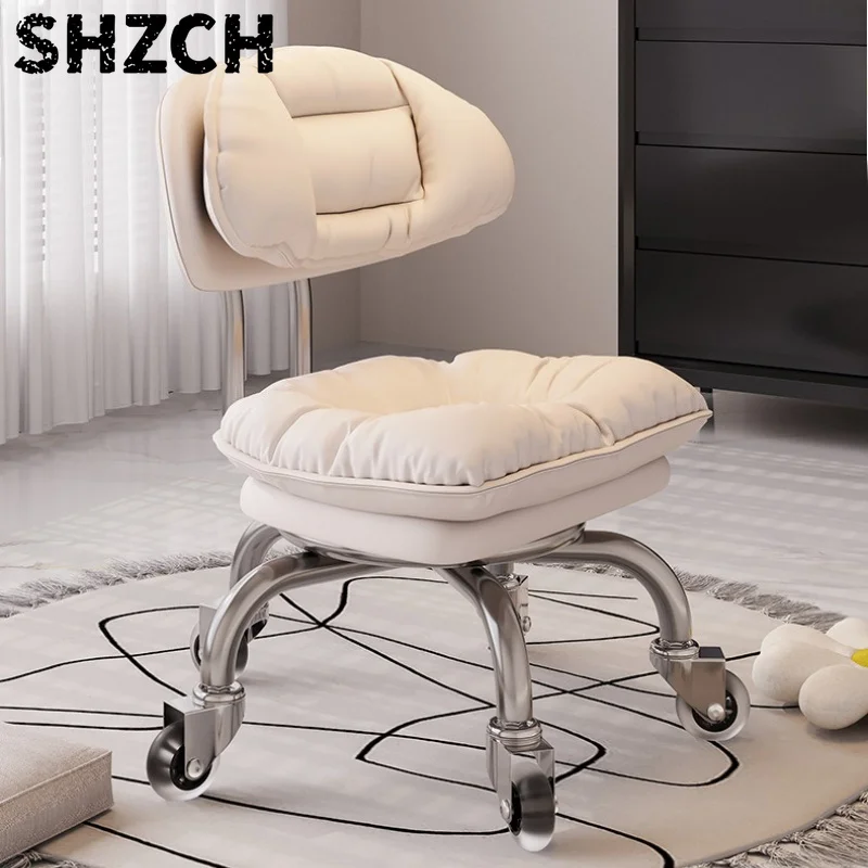 Silent Caster Rolling Low Stool Multi-functional Shoe Changing Stool Comfortable Backrest Sliding Seat Living Room Lazy Stools