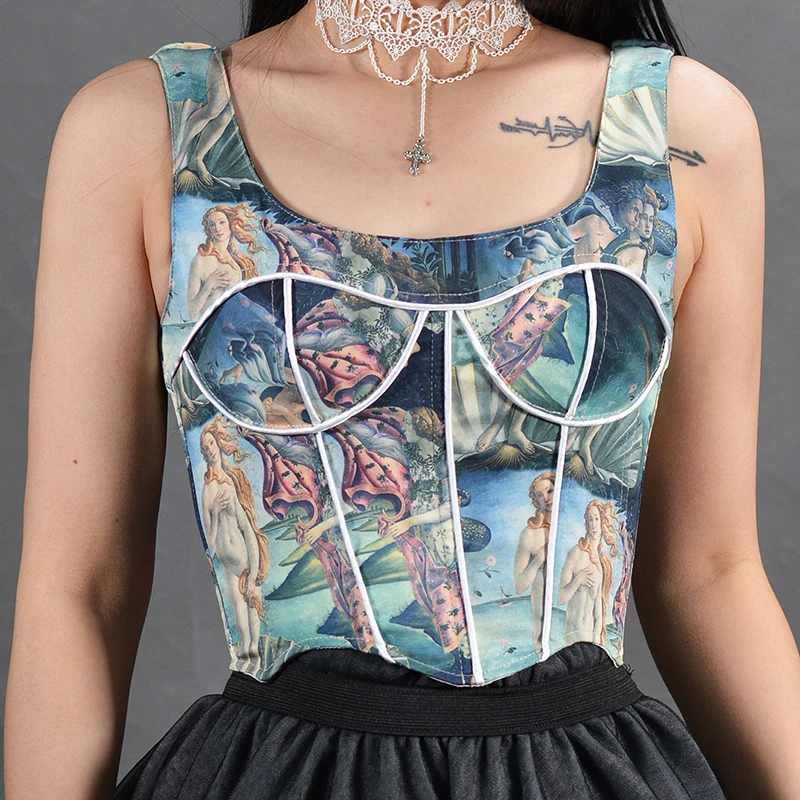 

Shoulder Strap Bandage Floral Print Corset Victorian Vintage Gothic Bustier Corsetto Cami Crop Top Tank Clubwear Short Torso