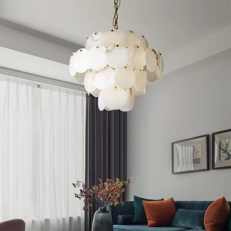 Spanish Natural Marble Ceiling Hanging Lamp Marble Brass Light Fixture LED Lustres Luxury Home Decor Black Chandelier