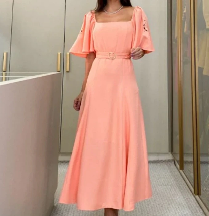 

Women Fashion Dress 2026 Spring/summer Latest Sweet and Spicy Square Neck Petal Sleeves A-Line Skirt High Waist Solid Long Skirt