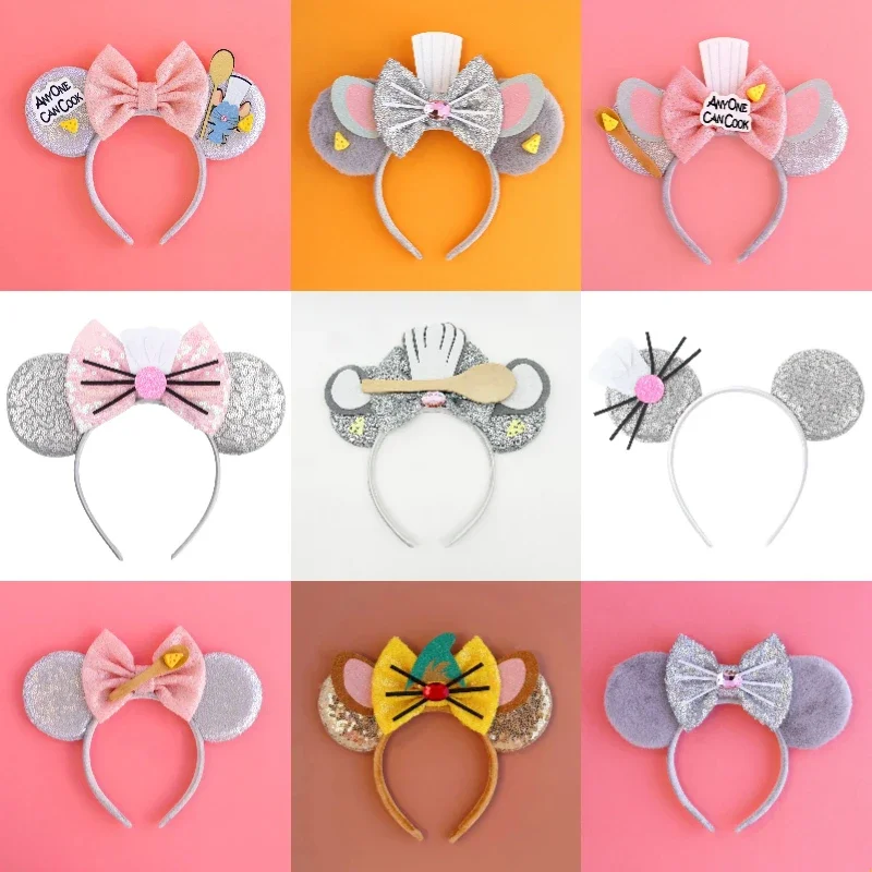 Disney Ratatouille Ears Hair Accessories for Women Cute Spoon Sequins Bow Hairband Kid Pixar Mouse Chef Remy Headbands Girl Gift