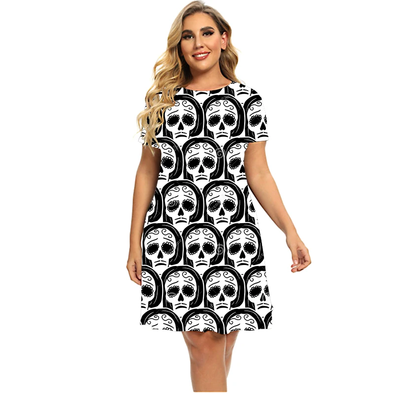 Fashion Gothic Style Terror White Skulls Dresses Women Bohemian Pattern 3D Print Dress Short Sleeve Loose Plus Size Clothing 6XL