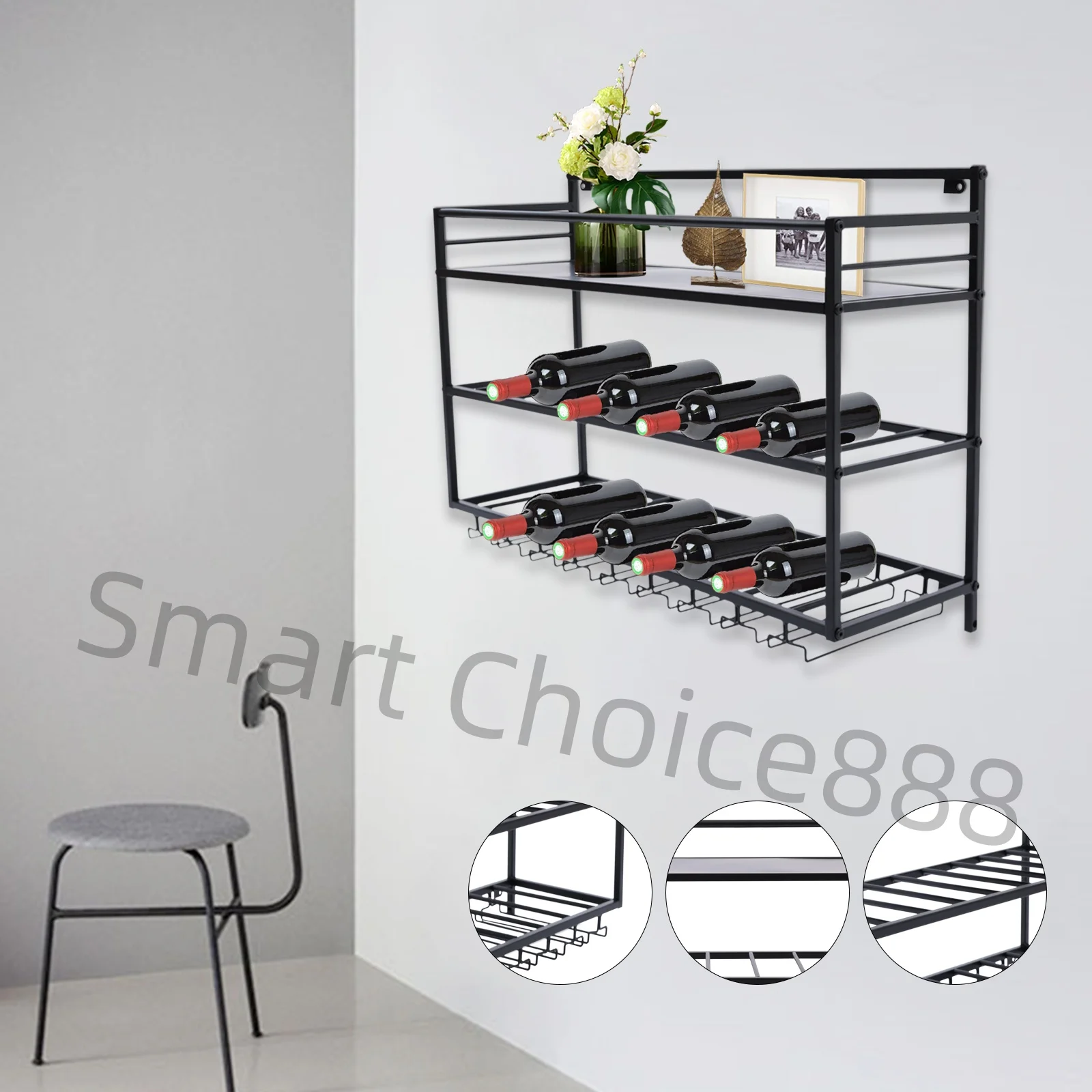 Estante Para Vino De 3 Niveles, Soporte Para Copas De Vino, Montado En La Pared, De Acero, Ahorra Espacio, 80X25X55Cm, Negro, Exhibidor De Botellas Para Bar — -79%, 190.38€ Coupon, from 49.99€ – 79% descuento – €49.99