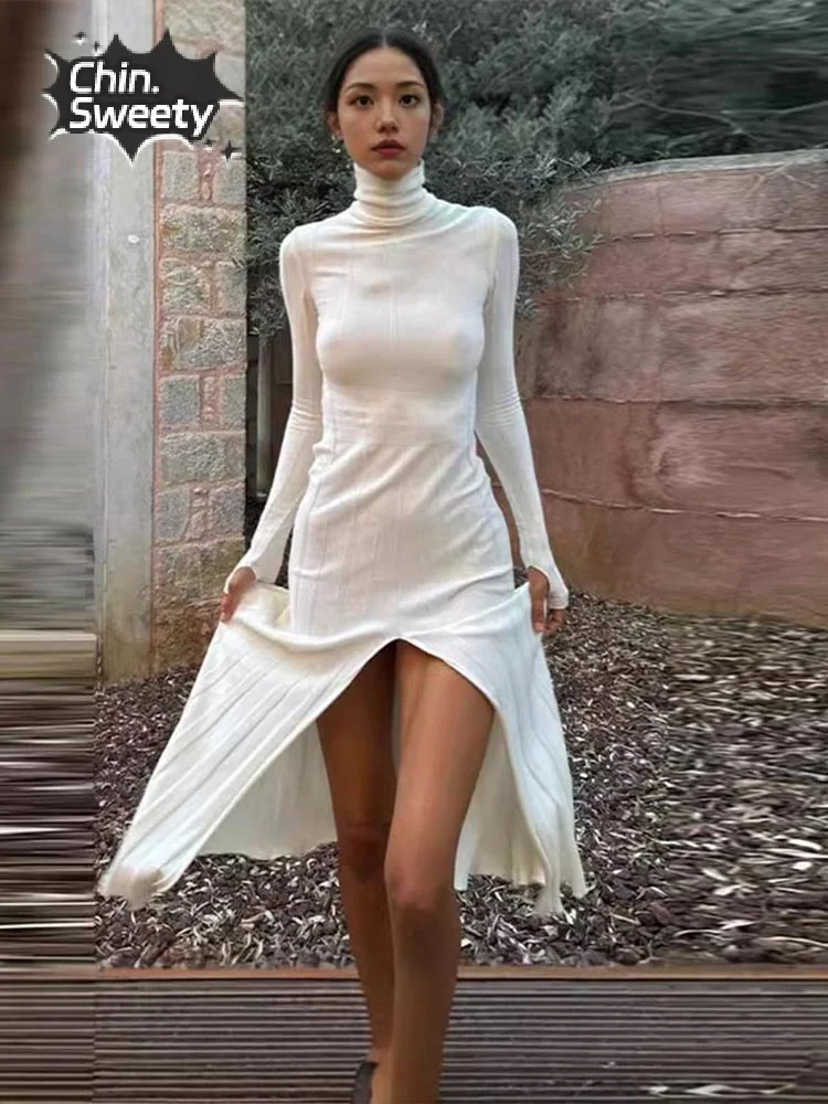 

White Turtleneck Knitted Side Split Midi Dress Women Long Sleeves Pleated Hem Slim Dresses Autumn Female Elegant High Streetwear