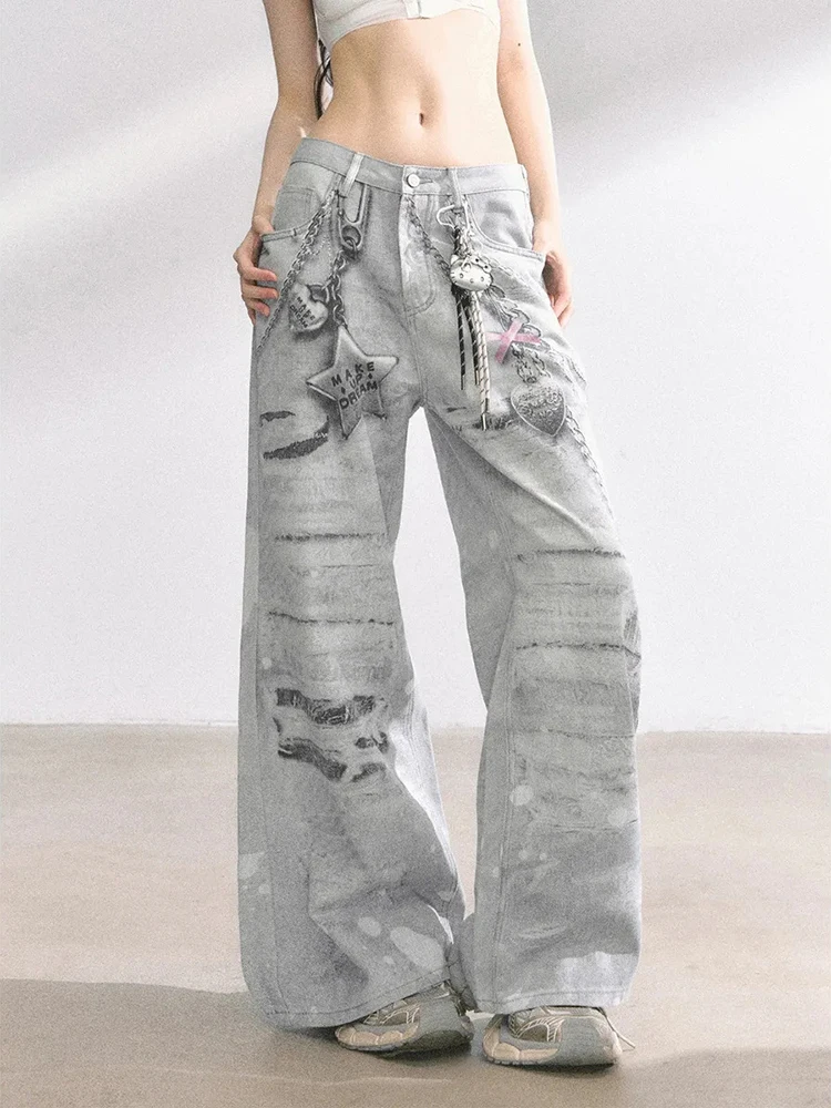 Frauen Amerikanischen Stil High Street Vintage Lose Gerade Hosen Herbst Neue Casual Y2K Retro Gedruckt Breite Bein Jeans