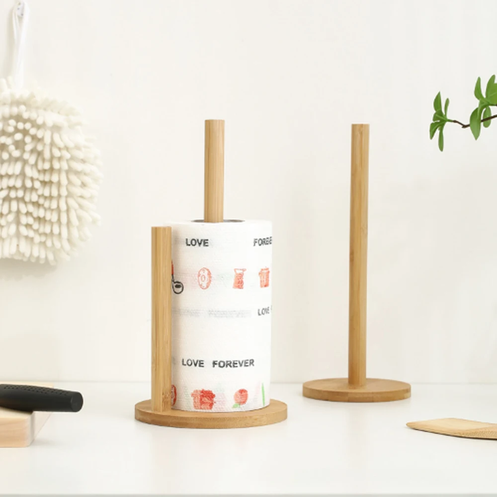 1PC Bamboo Paper Towel Holder Kitchen Dining Room Vertical Wooden Paper Roll Organizer Cling Film Holder Lazy Rag Holder