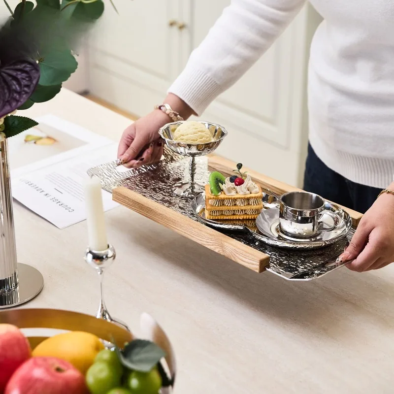 European stainless steel wooden meal tray, high-end afternoon tea meal storage plate, light luxury household housewarming gift