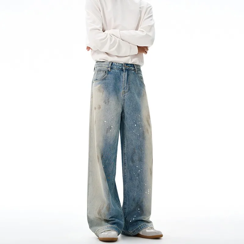 جينز فضفاض بتصميم حبر متسخ عتيق لعام 2025 للرجال والنساء على الموضة في الشارع سراويل زوجين مخصصة غير رسمية