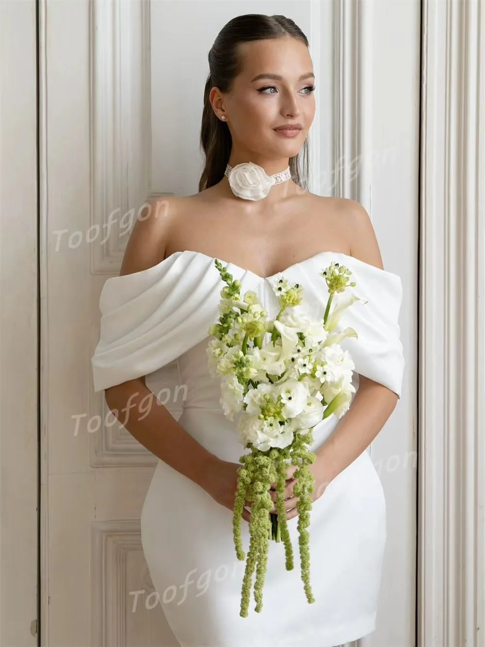 Toofgon Mini Mermaid Prom Gowns Customized Off The Shoulder Pleats Satin Women Formal Special Occasion Party Cocktail Dress