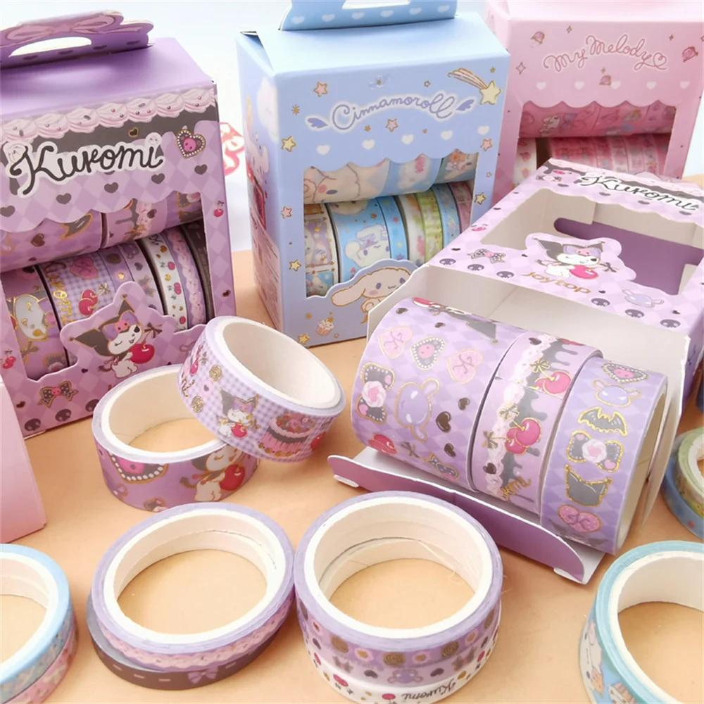 10Roll/Box Sanrio Stickers Roll Box Kuromi Cinnamoroll Hello Kitty Scrapbook Reward Sticker Label Decal Handmade Gifts Kids Toys