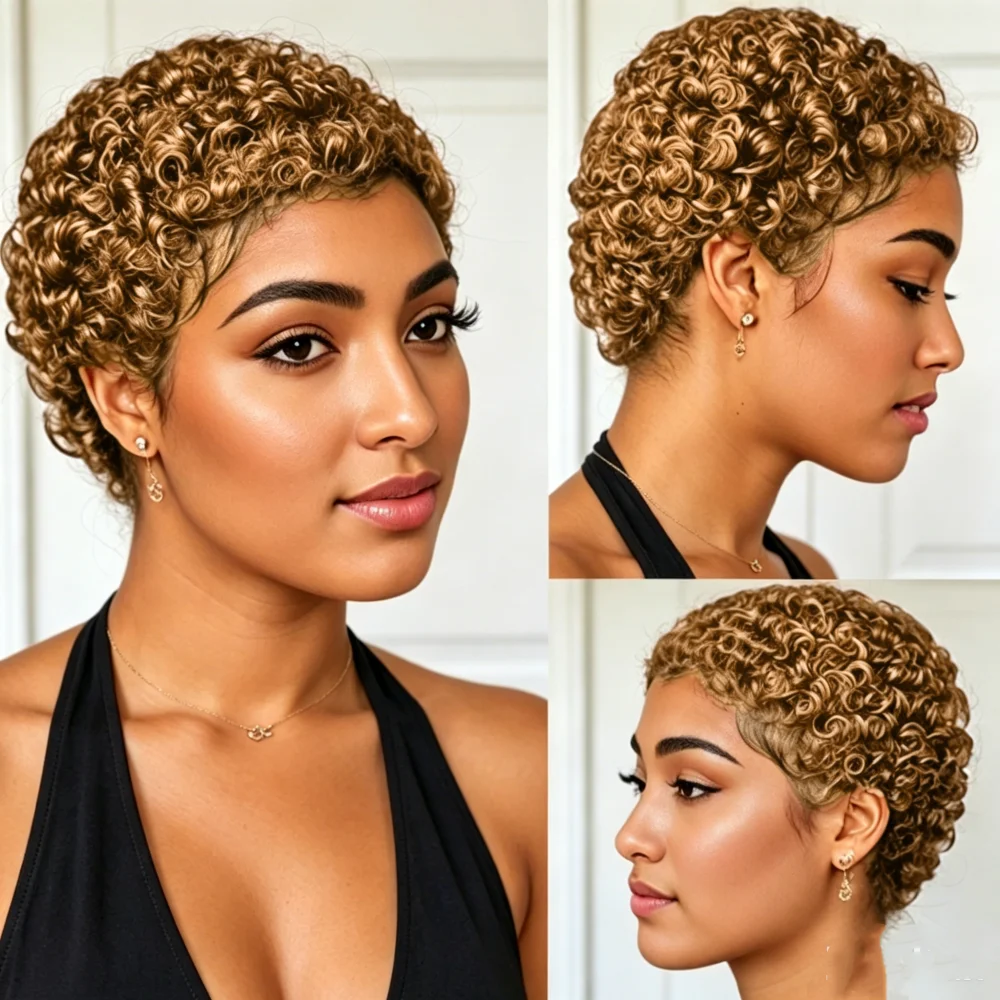 

Short Human Hair Afro Kinky Curly Pixie Cut Full Machine Made wigs For Women