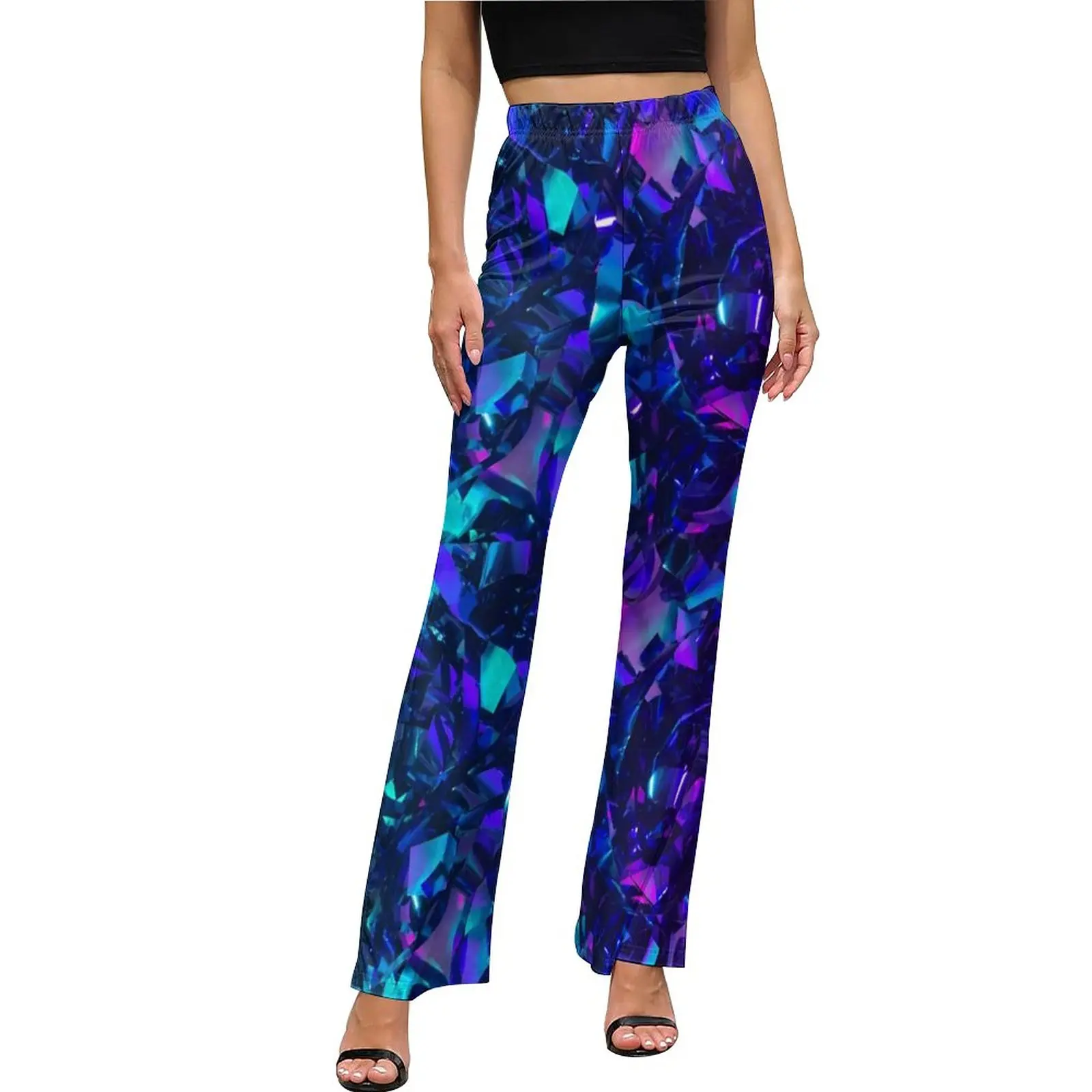 Metallic Abstract Pants Elastic High Waist Colorful Modern Art Korean Fashion Flare Pants Summer Trendy Print Oversize Trousers