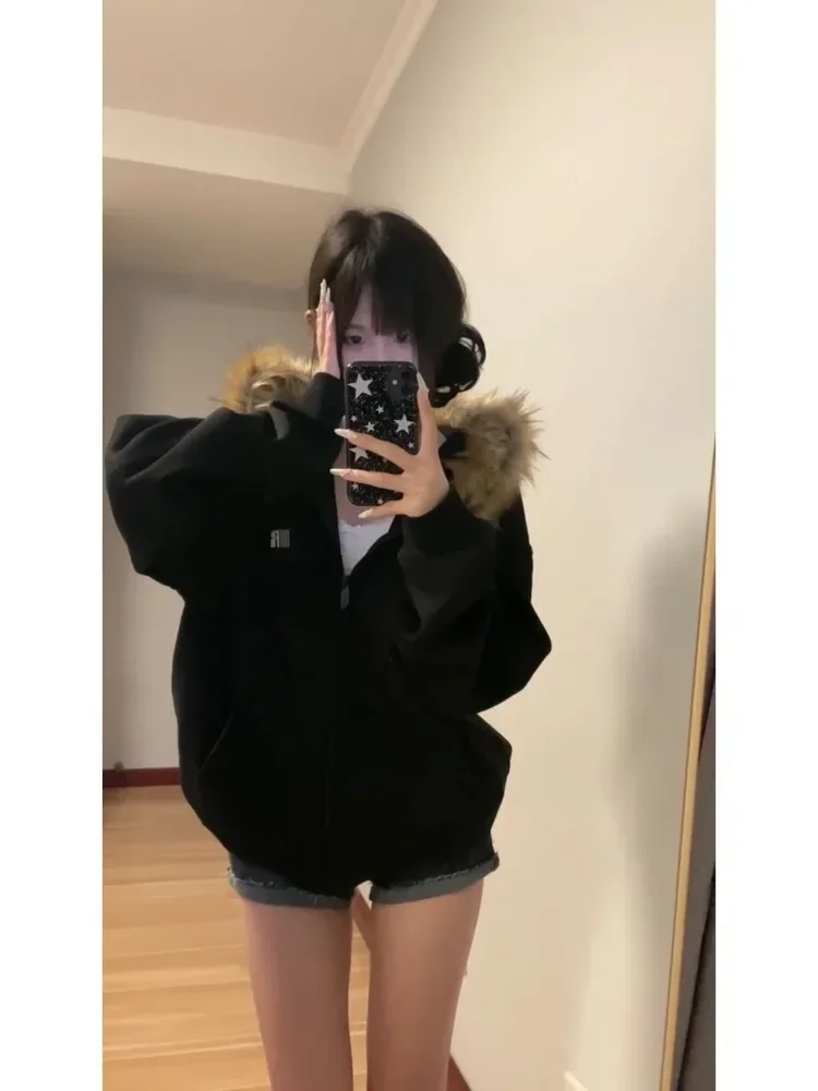 Women Solid Zip Up Hoodies Vintage Korean Preppy Style Faux Fur Coat Oversized Casual Sweatshirt Harajuku Autumn Winter