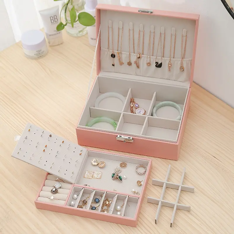 Double Layer Leather Jewelry Box for Men and Women