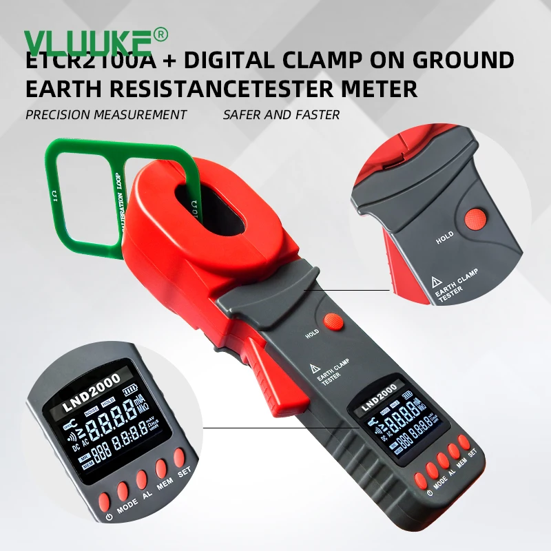 Digital Earth Clamp Tester Handheld 200Ω 500Ω 1200Ω for Ground Loop Leakage Current Loop Resistance Test 0.001Ω Resolution