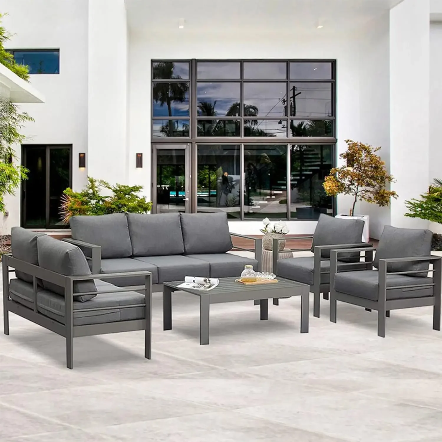 Aluminum Outdoor Patio Furniture Set 7 Seats Modern Patio Conversation Sets Outdoor Sectional Metal Sofa with 5 Inch Cushion