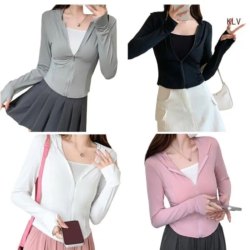 Women UV Sun Protective Long Sleeve Fitted Coat Lightweight Zippered Hooded Jackets Ice Silk Quick Drying Thin Shirt 6XDA