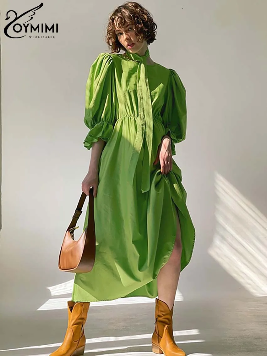 

Oymimi Fashion Green Loose Dresses For Women Elegant O-Neck Lace-Up Three Quarter Sleeve Dresses Casual Loose Mid-Calf Dress