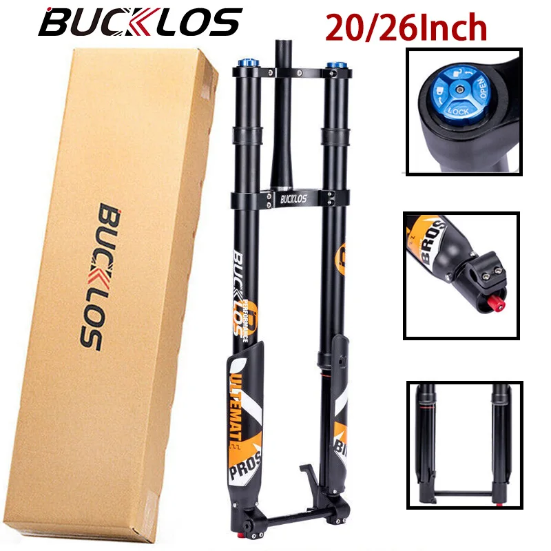 BUCKLOS Double Shoulder Bicycle Fork 20Inch 26Inch Inverted Bike Fork 180mm Travel Thru Axle Suspension Inverted Fat Forks