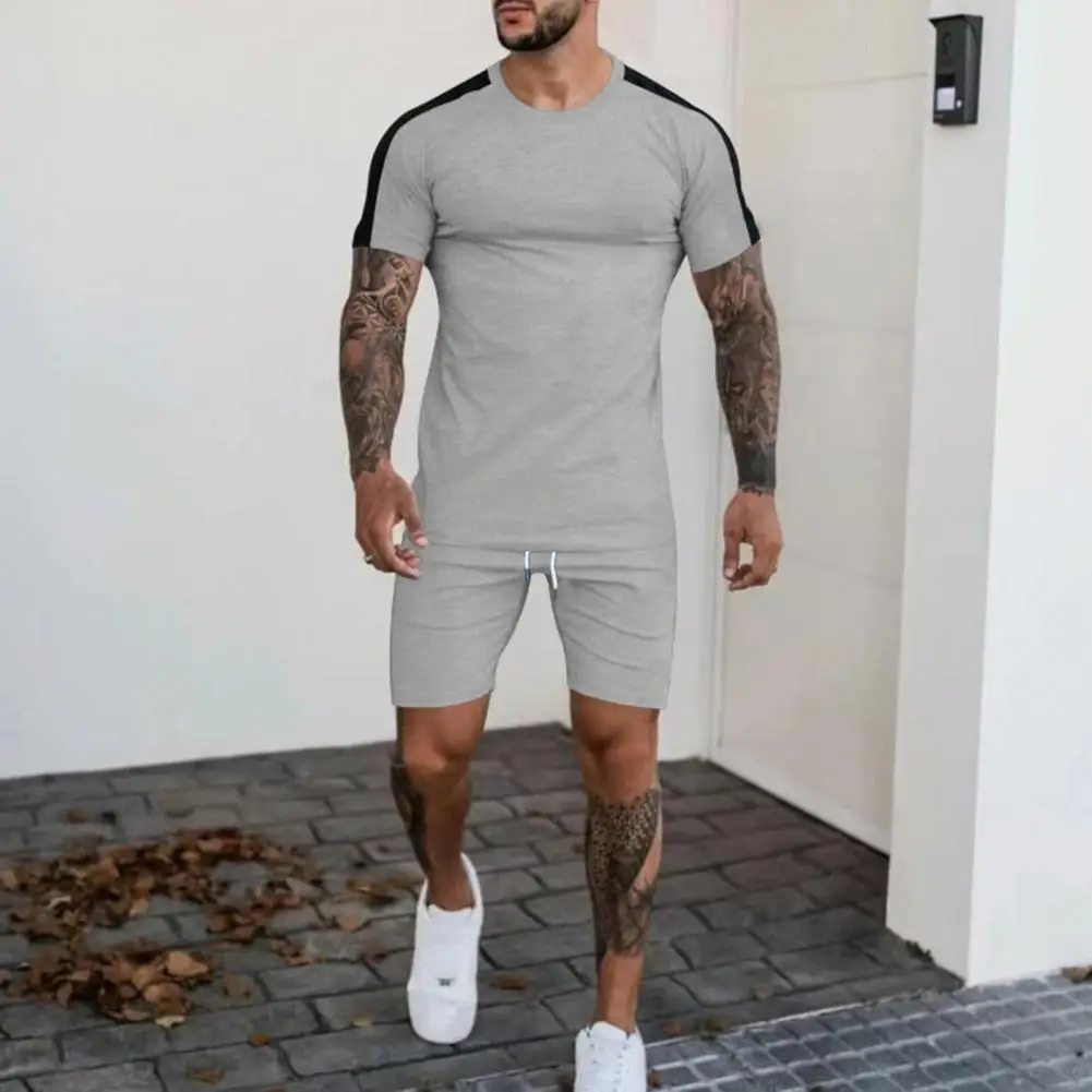 Men Tracksuit 2Pcs/Set Trendy O-Neck Quick Drying  Summer Patchwork Color Slim T-shirt Shorts Sport Suit Daily Clothing