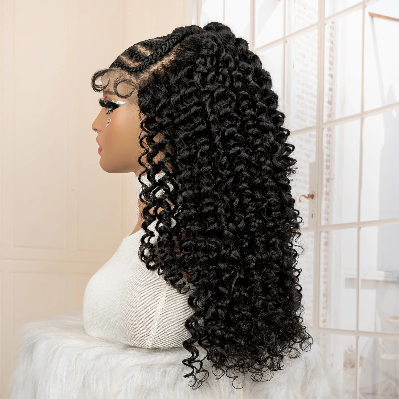 22 بوصة الاصطناعية مجعد شعر مستعار متموج مع الضفائر العقص الطبيعي مجعد 13x4 الدانتيل الجبهة الباروكات للنساء استبدال الشعر المستعار #2