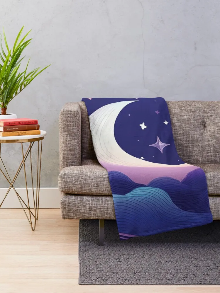 A design of a crescent moon surrounded by clouds and stars on a dark blue background. Throw Blanket Summer Cute Blankets