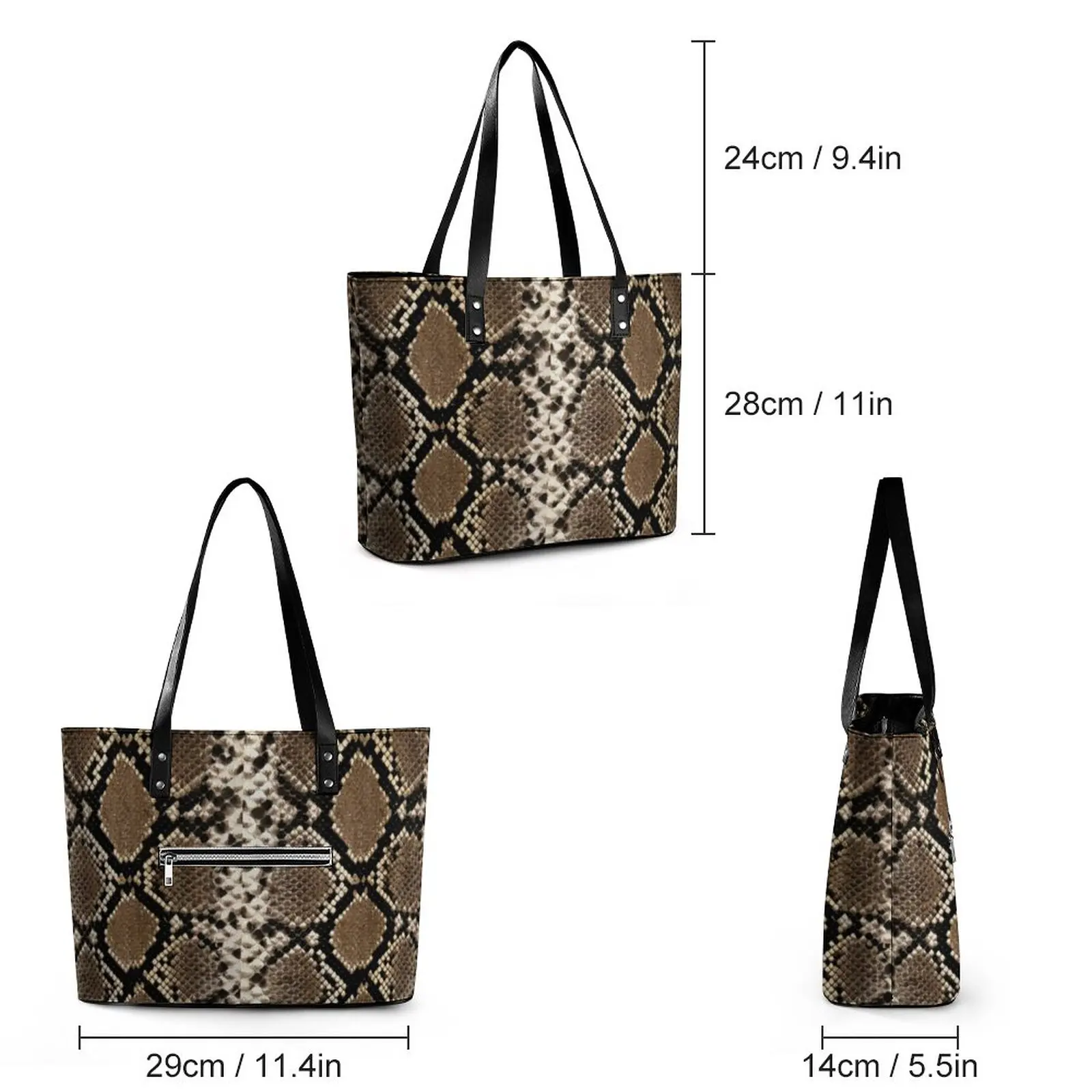 Black Snakeskin Handbags Snake Scale Print PU Leather Shoulder Bag Women Travel Print Tote Bag Handle Retro Beach Bags