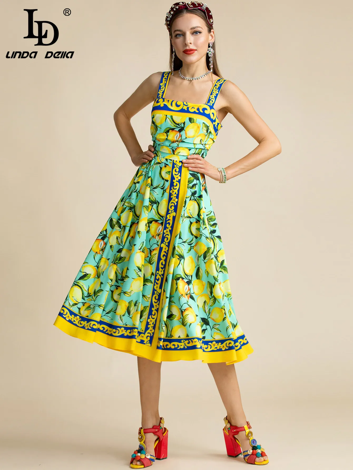 LD LINDA DELLA Fashion Runway Summer Dress Women\'s Bohemia lemon Green Leaf Print Vacation Spaghetti Strap Midi Dress Vestidos