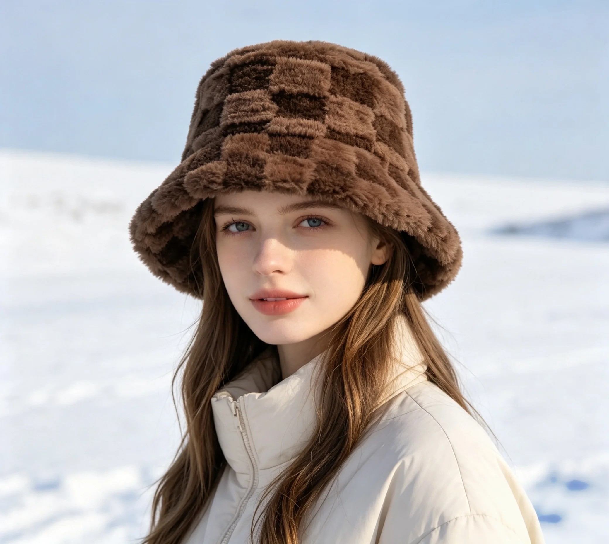 Women Plush Checkered Bucket Hat Soft Fuzzy Fleece Lattice Fisherman Cap Warm Windproof Winter Casual Outdoor Fashion Hat