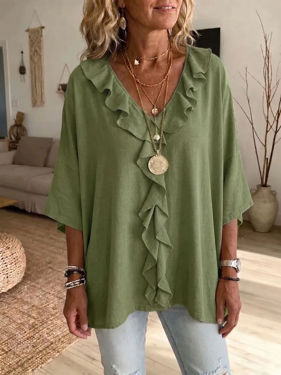 Spring/Summer New Women's Ruffle V-Neck Casual Three-Quarter Sleeve Top