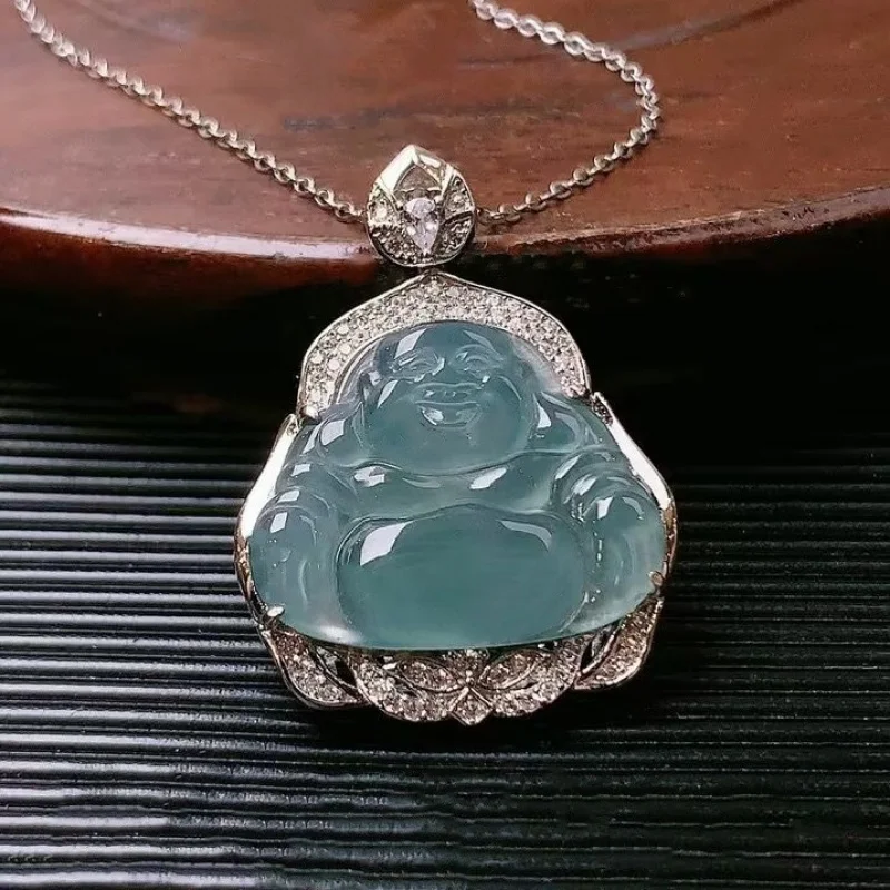 Natural Blue A-level jade pendant s925 silver inlay new style big belly Maitreya Buddha clavicle necklace