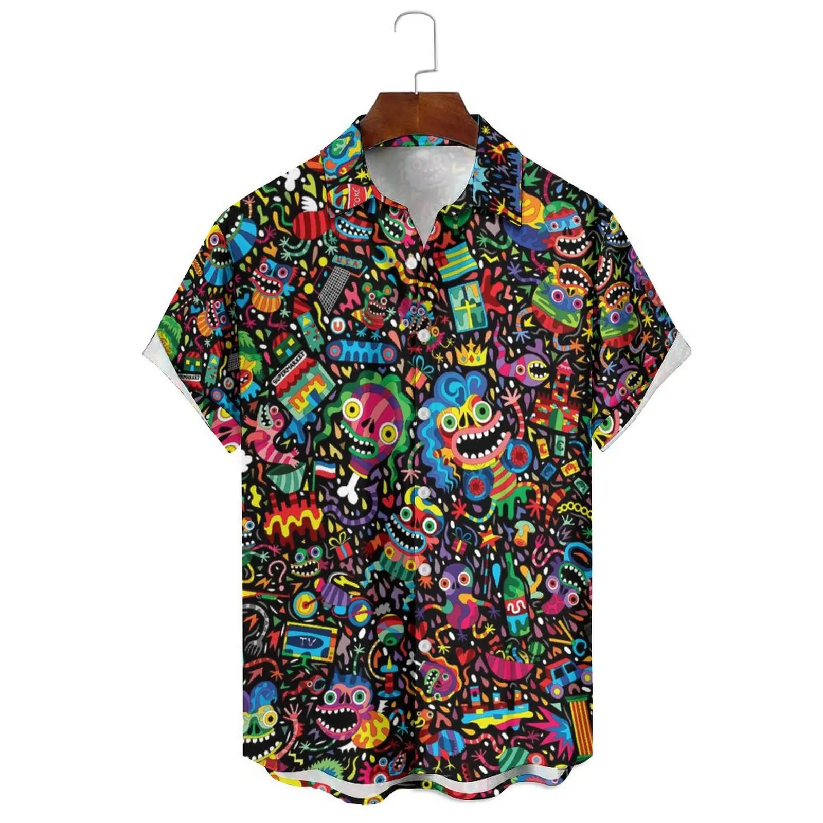 

Summer Men's/Women's Fashion Casual Loose Multi-Color Cartoon Irregular Print Lapel Single-Breasted Short-Sleeved Shirt