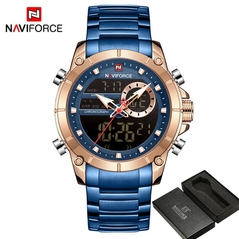 

Fashion Naviforce Top Brand Luxury Gold Men Waterproof Quartz Led Digital Led Male Clock Military Sport Full Steel Man Watches