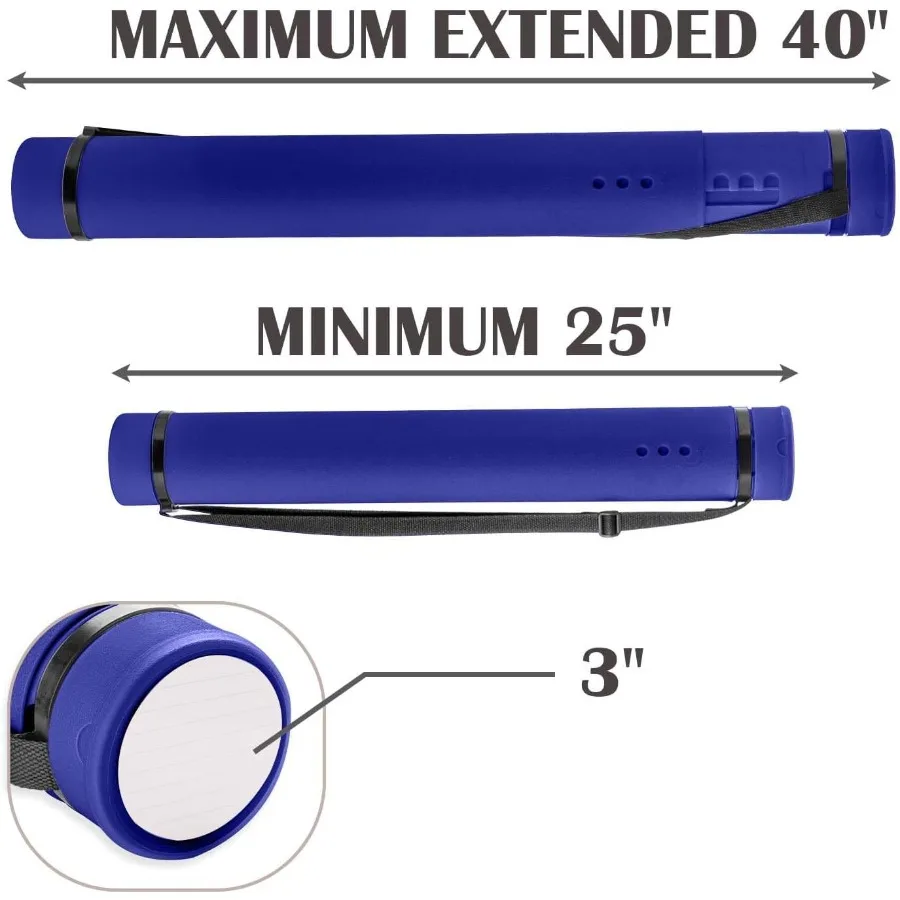 أنبوب ملصق أزرق من JJRING من 25 إلى 40 أنبوب حامل تخزين الملصقات القابل للتمديد مع حزام حمل لخريطة التمرير المخطط والأرشيت