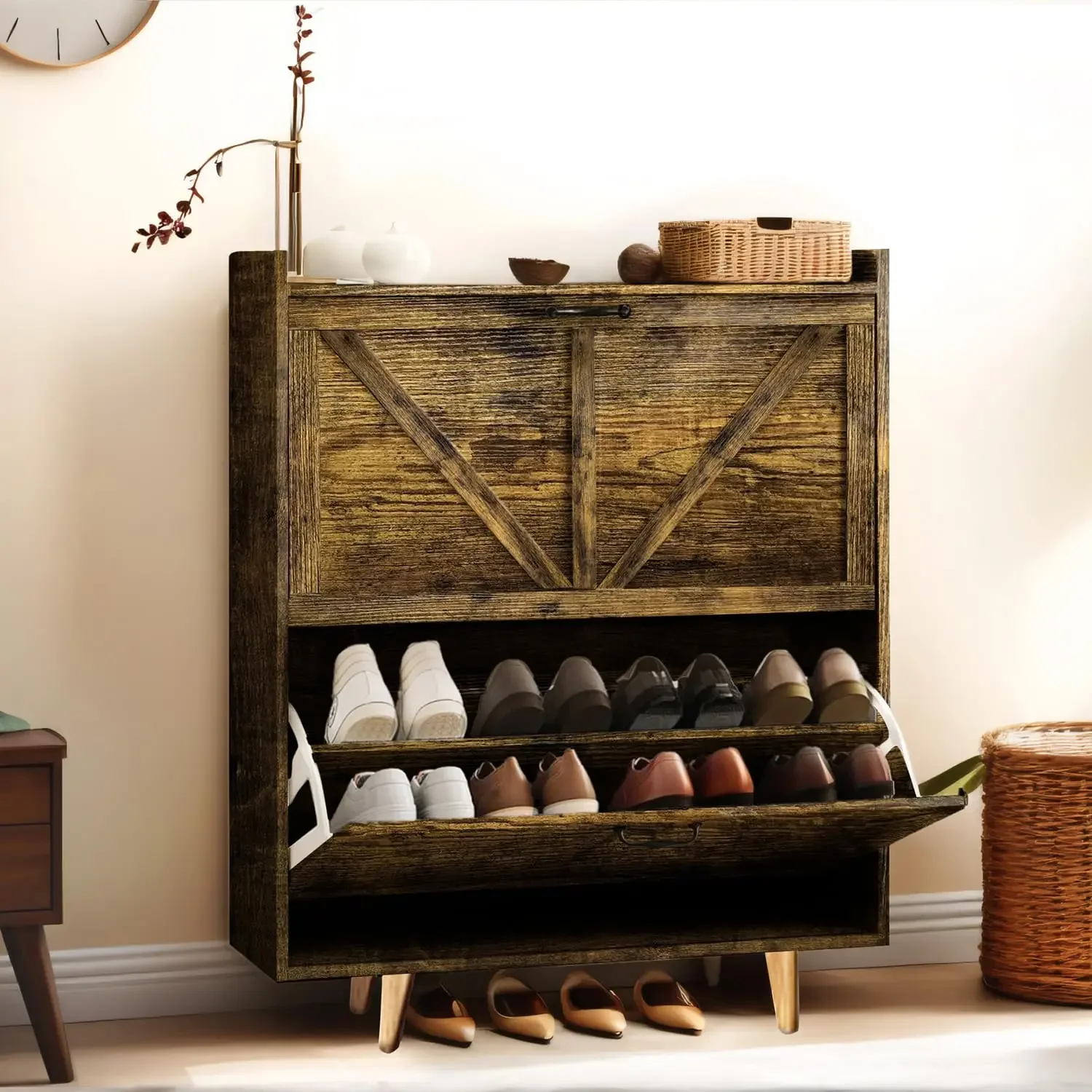 

Furniture Hot Sale Wooden Shoe Rack Entrance Shoe Rack Bracket Wooden with 2 Folding Drawers and 4 Wooden Feet