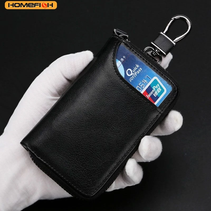 HOMEFISH Genuine Leather Keychain for Men and Women, Multifunctional Key Bag, Mini Car Key Case