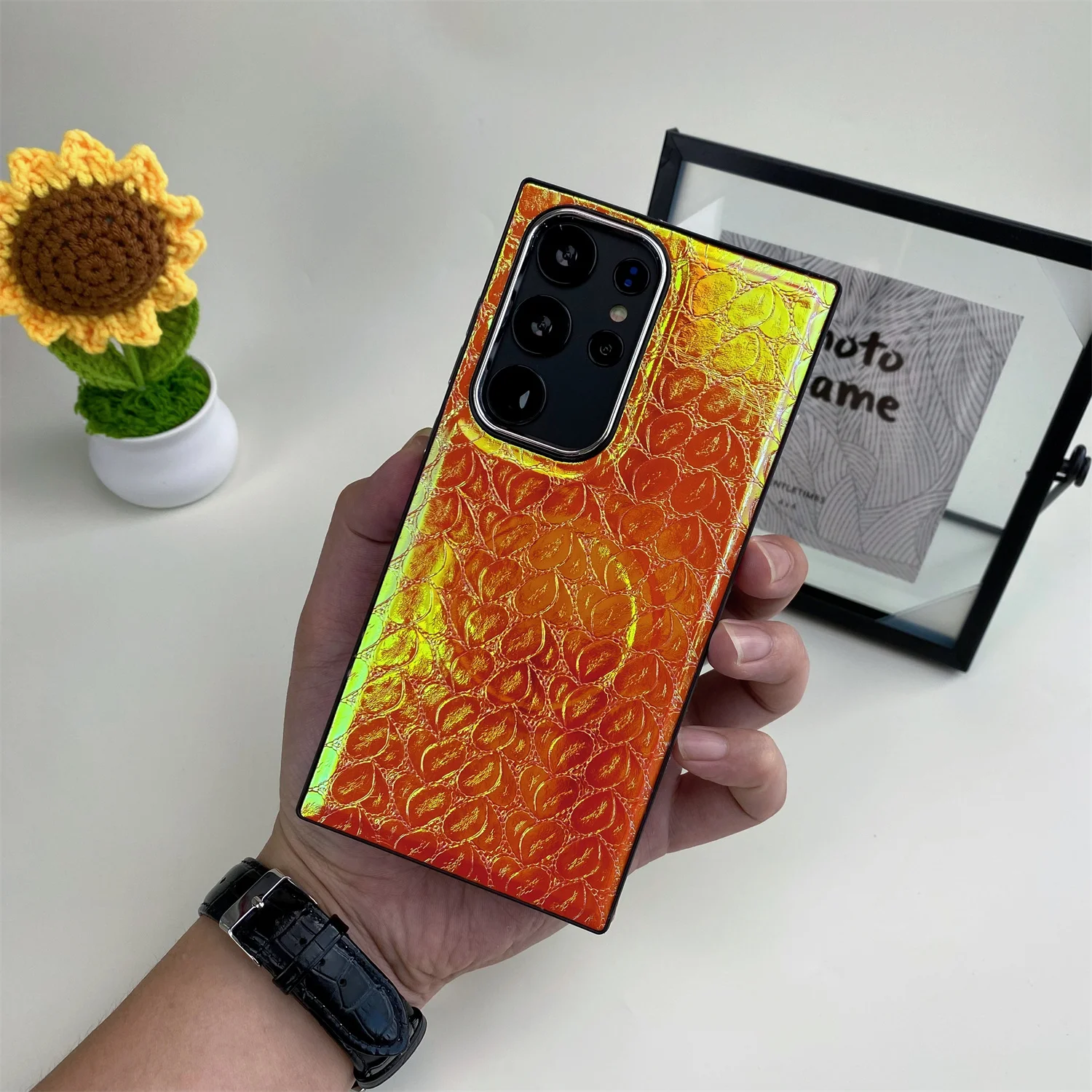 Laser Gradiënt Kleurrijke Bladpatroon Magnetische Telefoon Hoes Voor Galaxy S24 Ultra S22 S23 S24 Plus Microfiber Linning Verdediger Cover