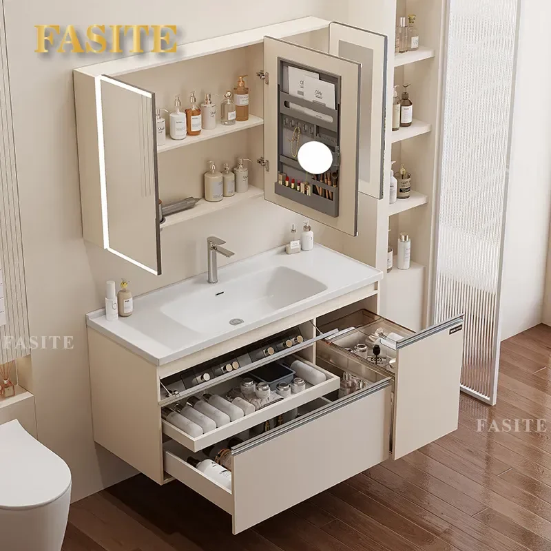 Modern Cream Bathroom Vanity Cabinet with Ceramic Integrated Basin Simple Wall Mounted Washstand Combo for Guest Bath Storage