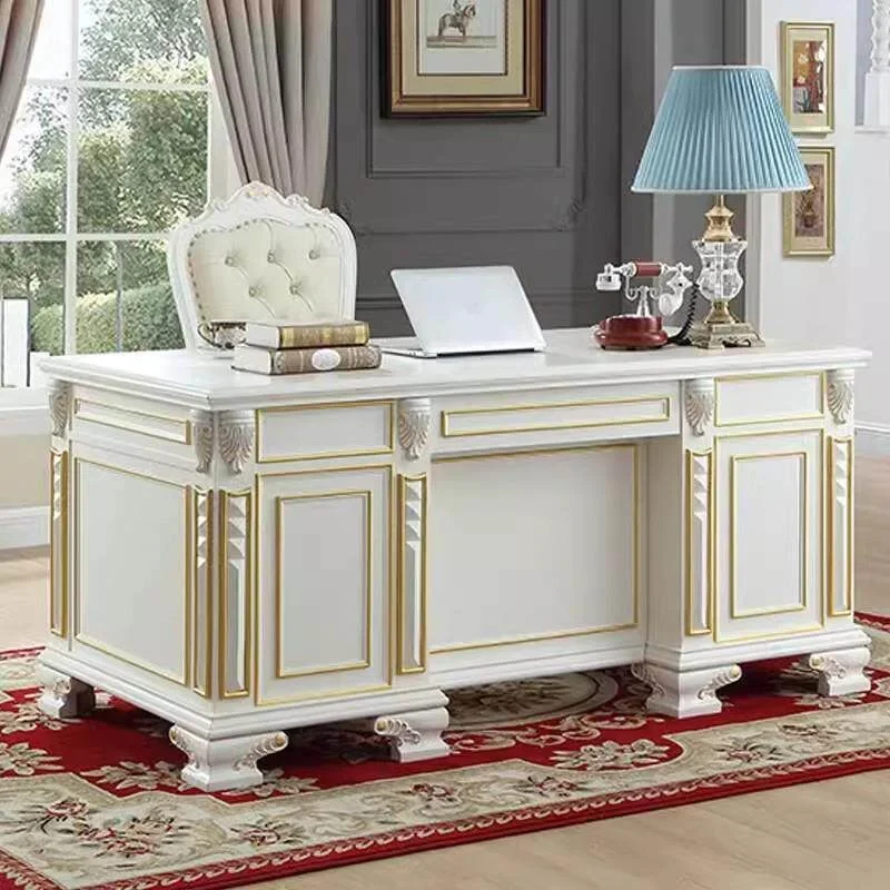 #American Solid Wood European Style Carved Distressed Oak Surface Desk with Storage and Bookshelf for Office and Study