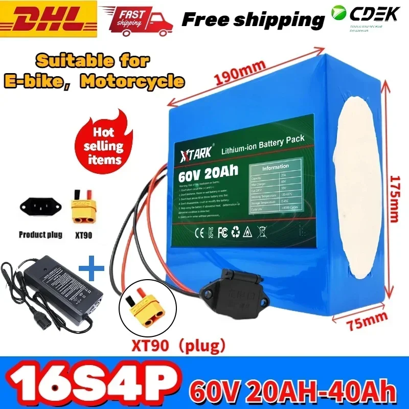 New 60v20ah 18650 rechargeable lithium battery pack 60V 16S4P 20000mAh suitable for 250W-1000W built-in BMS+67.2v2A charger