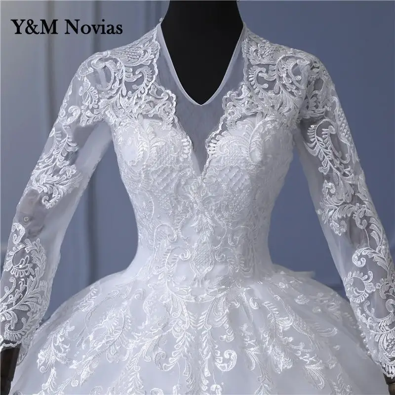 Marfim vestidos de casamento de manga cheia apliques de renda longo bordado com decote em v tule musselina vestido de noiva vestidos de novia princesa 2022