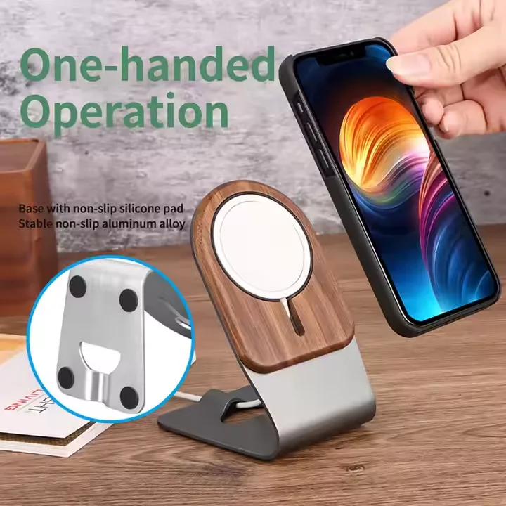 

Magsafe Cell Phone Charger Stand Magnetic Phone Stand Walnut Stand For IPhone 15 14 13 12 Series Fast Wireless Charging Stand