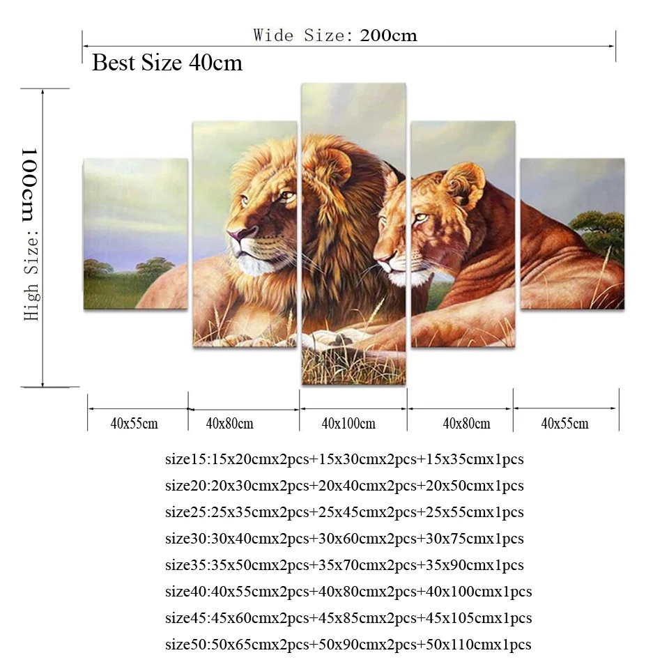 5 Piece Vintage Lion Diamond Painting Wild Animal Lion and Lioness Full Diamond Mosaic Cross Stitch Kits Embroidery Home Decor