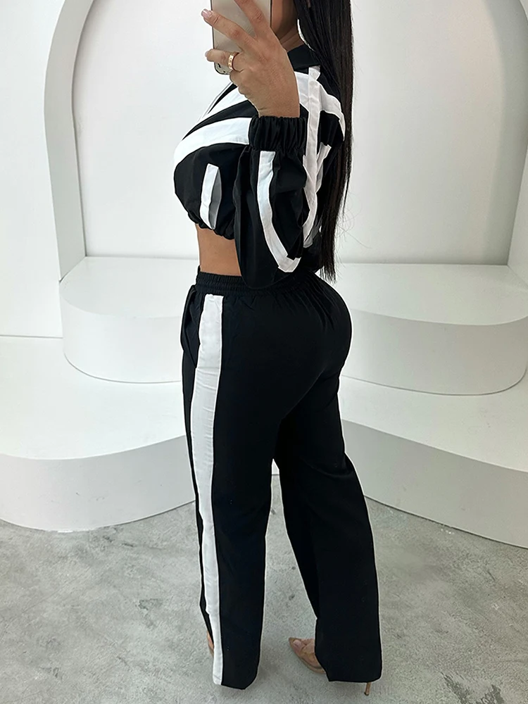 LW Two-piece Outfits for Women 2024 Autumn Winter Casual Patchwork Sport Turndown Collar Jacket Baggy Straight Pants Suit Woman