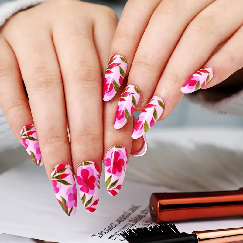 24pcs Flowers Fake Nails Almond Head Press on Nails Patch Fashion Nail Beauty Fake Nail Tips for Girl Women Wearable Full Cover