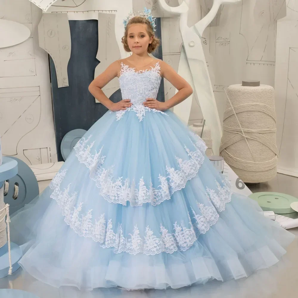 

Sky Blue White Lace Appliques Tiered Sleeveless For Wedding Birthday Party Banquet Princess Gown Customized Flower Girl Dress