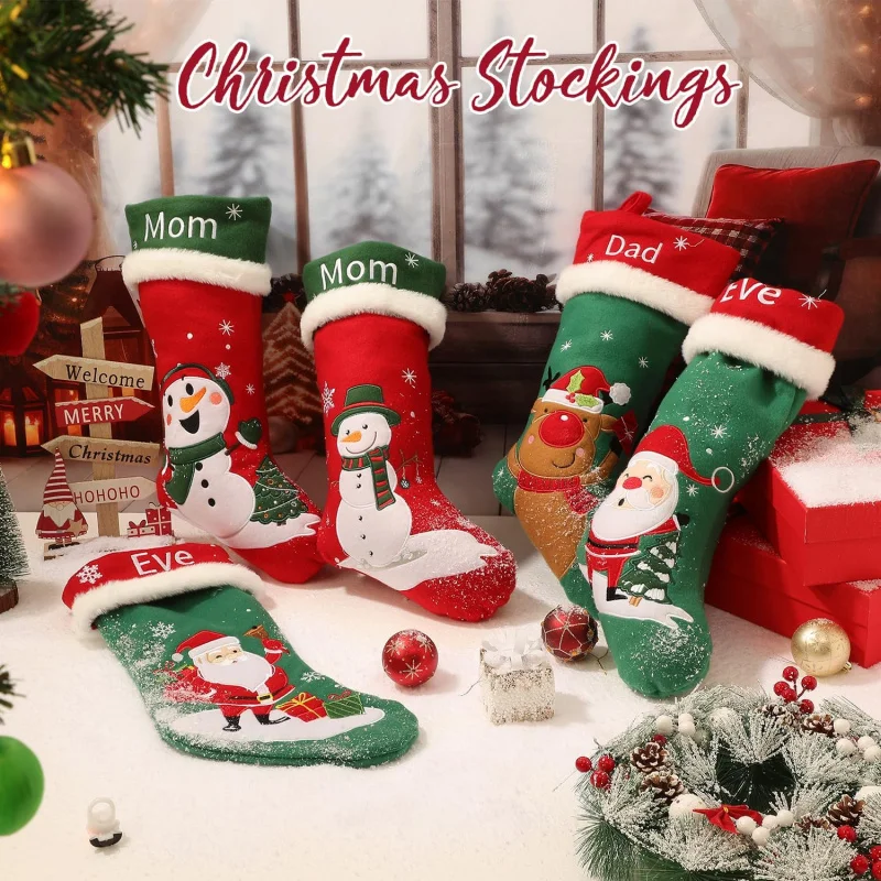 ถุงน่อง ถุงน่องขนาดใหญ่ 18 ชิ้นพร้อมการปักที่สวยงาม สโนว์แมน ซานต้า กวางเรนเดียร์ สีแดงคลาสสิกแบบดั้งเดิม