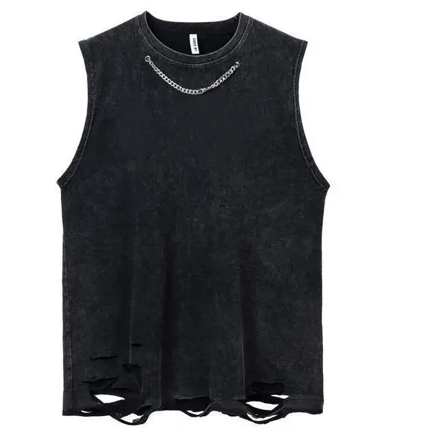 Trendy Heavily Distressed Washingshort Sleeves Vest Men's Summer Hong Kong Style Top Streetwear Without Sleeves T-shirt